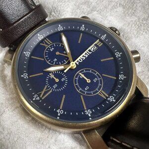 New Fossil Rhett Chronograph Gold Blue Brown Leather BQ2099 Mens Watch